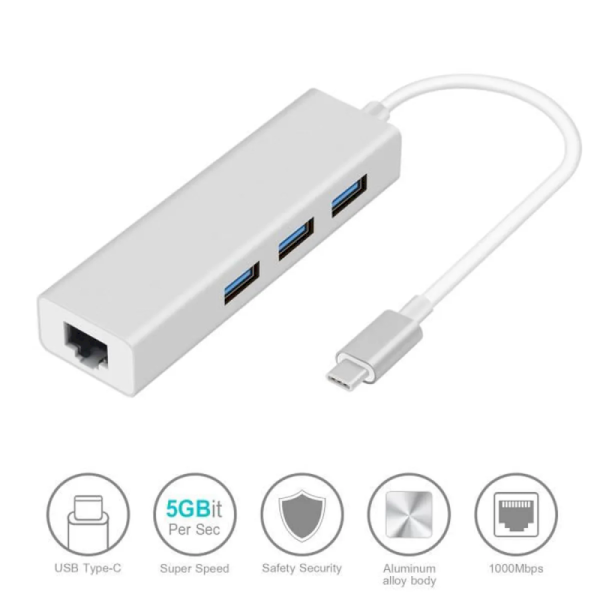 Convertisseur USB 3.1 Type C vers Rj45 + 3 Ports USB 3.1